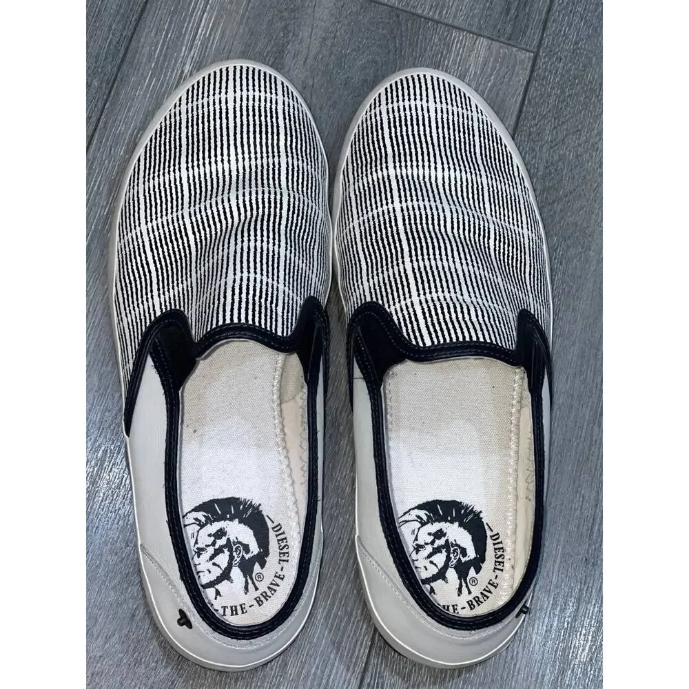 DIESEL Men's White & black striped leather Sneakers Only The Brave 10.5 S000058